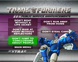 DVD menu showing Transformers Public Service Announcements