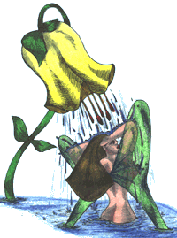 Nymph showering under a yellow flower