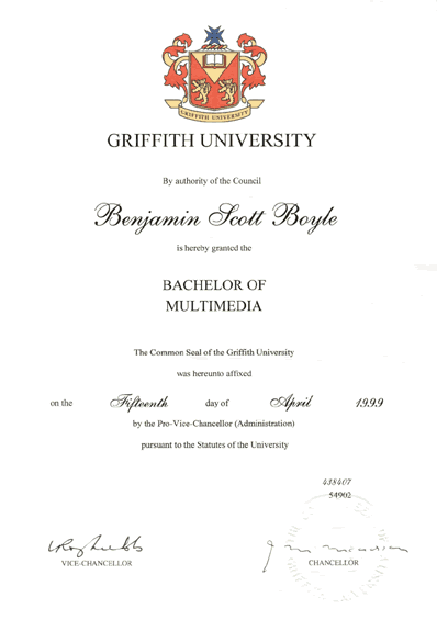 Scan of degree: Bachelor of Multimedia