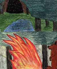 Illustration: Croc hides while the fire scares the bats